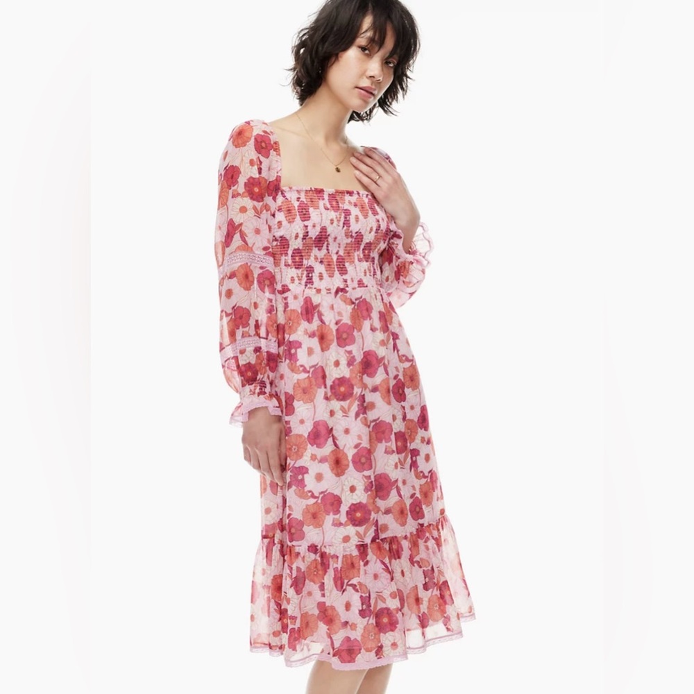 Wilfred Pink Floral Peasant Midi Dress, Long Sleeve, sz M, Lace Tiered, Bohemian